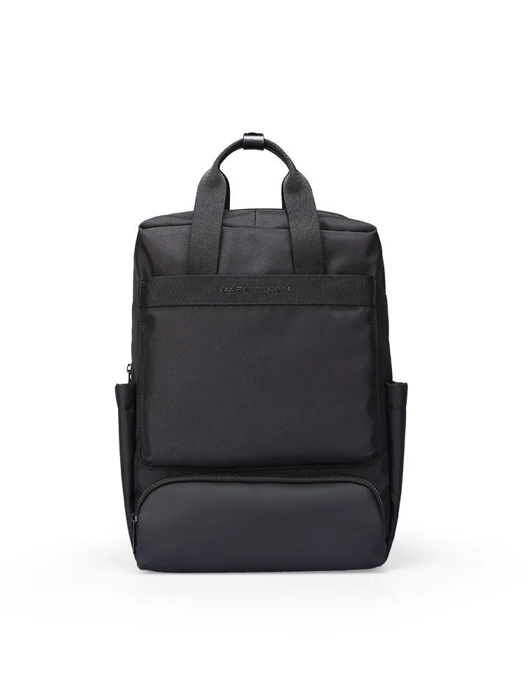 Black Oxford cloth computer backpack showing laptop compartment and storage organisation