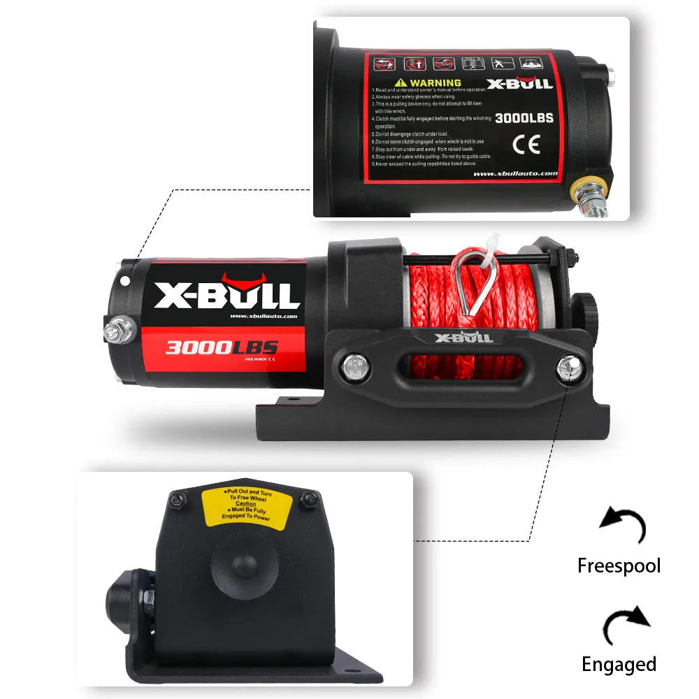 Black electric winch with nylon rope and mounting plate for off-road vehicle recovery