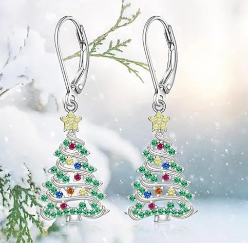 Women's copper Christmas tree earrings with white gold colour plating and star-shaped pendant design
