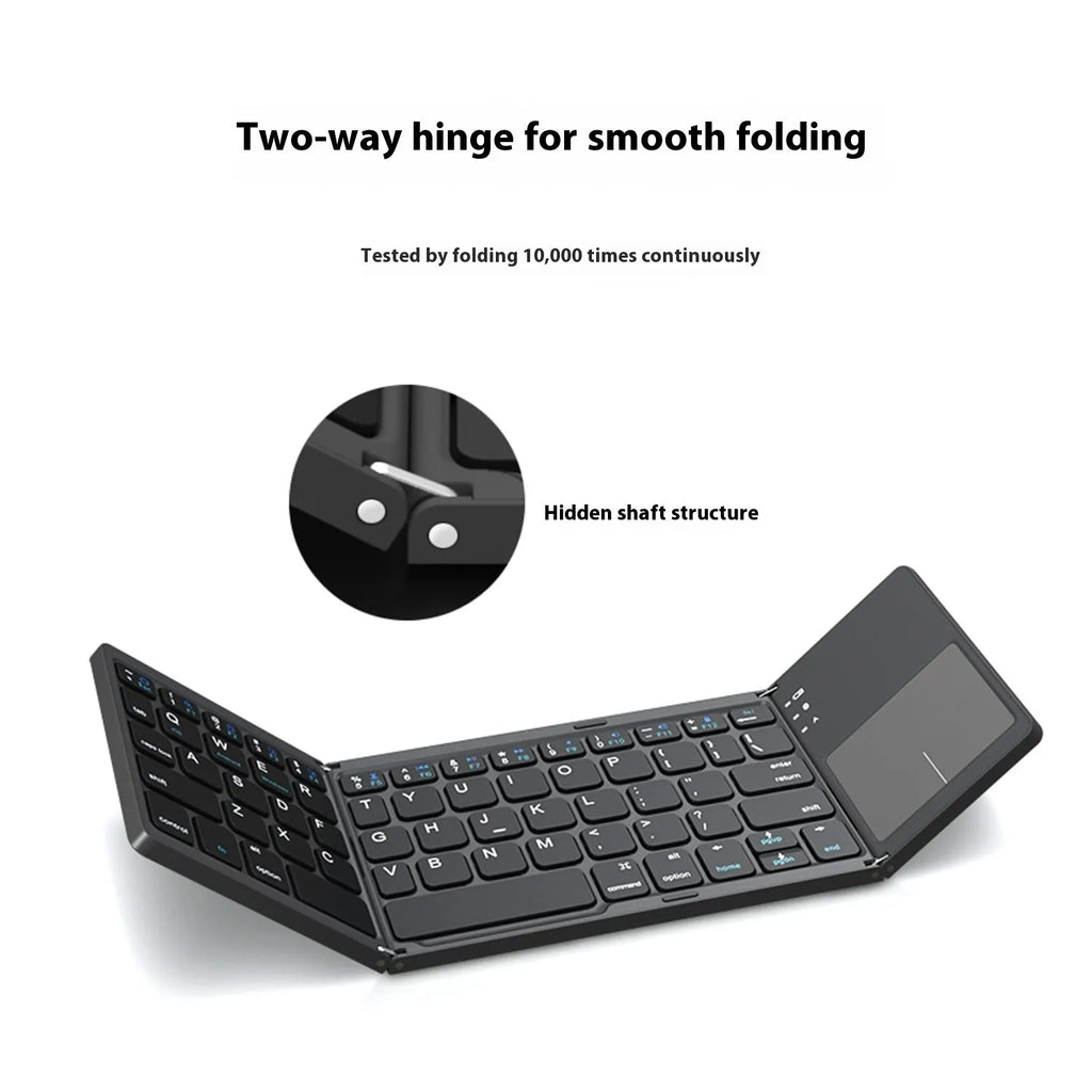 Black mini tri-fold Bluetooth keyboard shown open and folded, highlighting its thin 0.8cm profile.