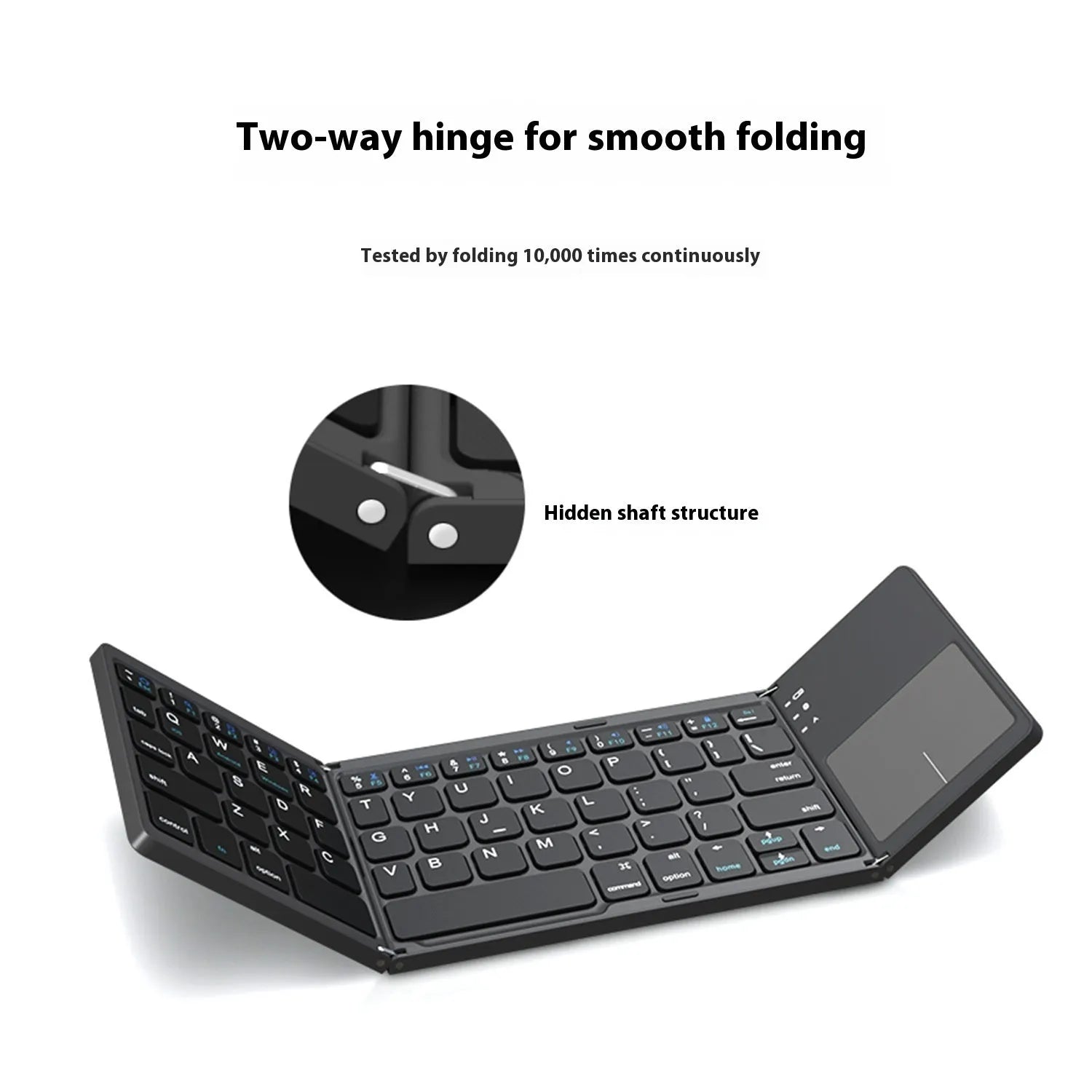 Black mini tri-fold Bluetooth keyboard shown open and folded, highlighting its thin 0.8cm profile.