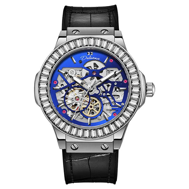 Men's automatic skeleton watch with diamond details on movement, white shell case, and black dial.