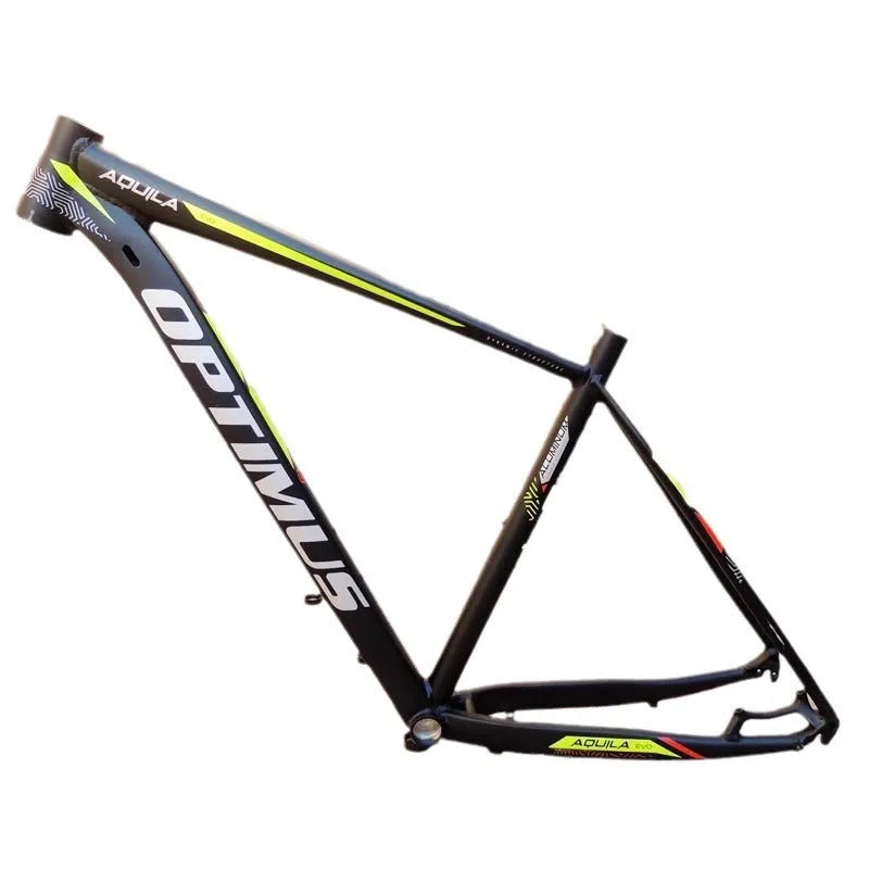Black Green aluminium mountain bike frame for 29-inch wheels with disc brake mount and internal cable routing ports