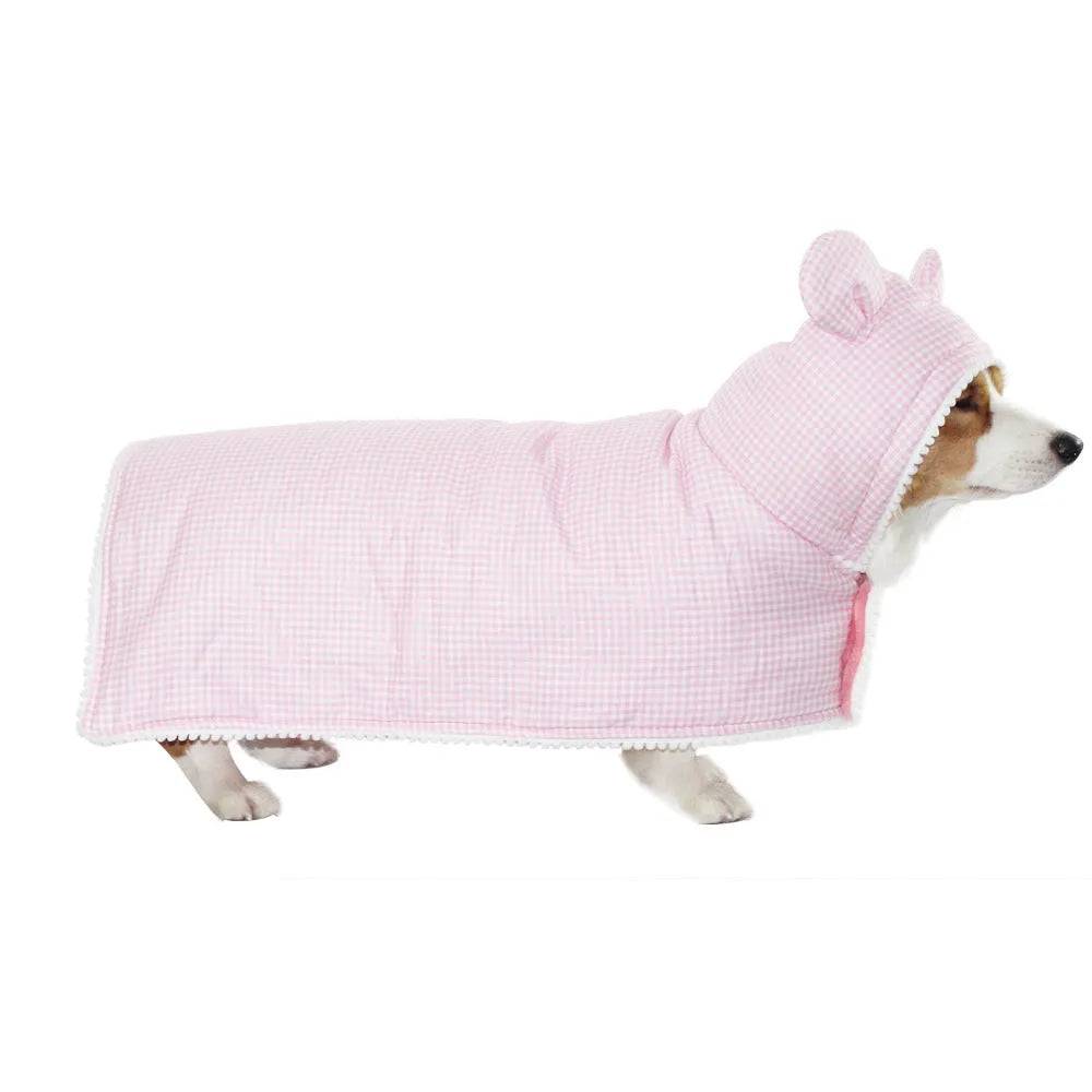 Cute plaid cotton dog cloak quilt with pink grid pattern on a small dog