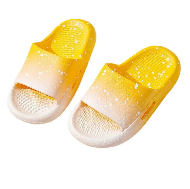 Gradient blue PVC slippers for children on a white background.