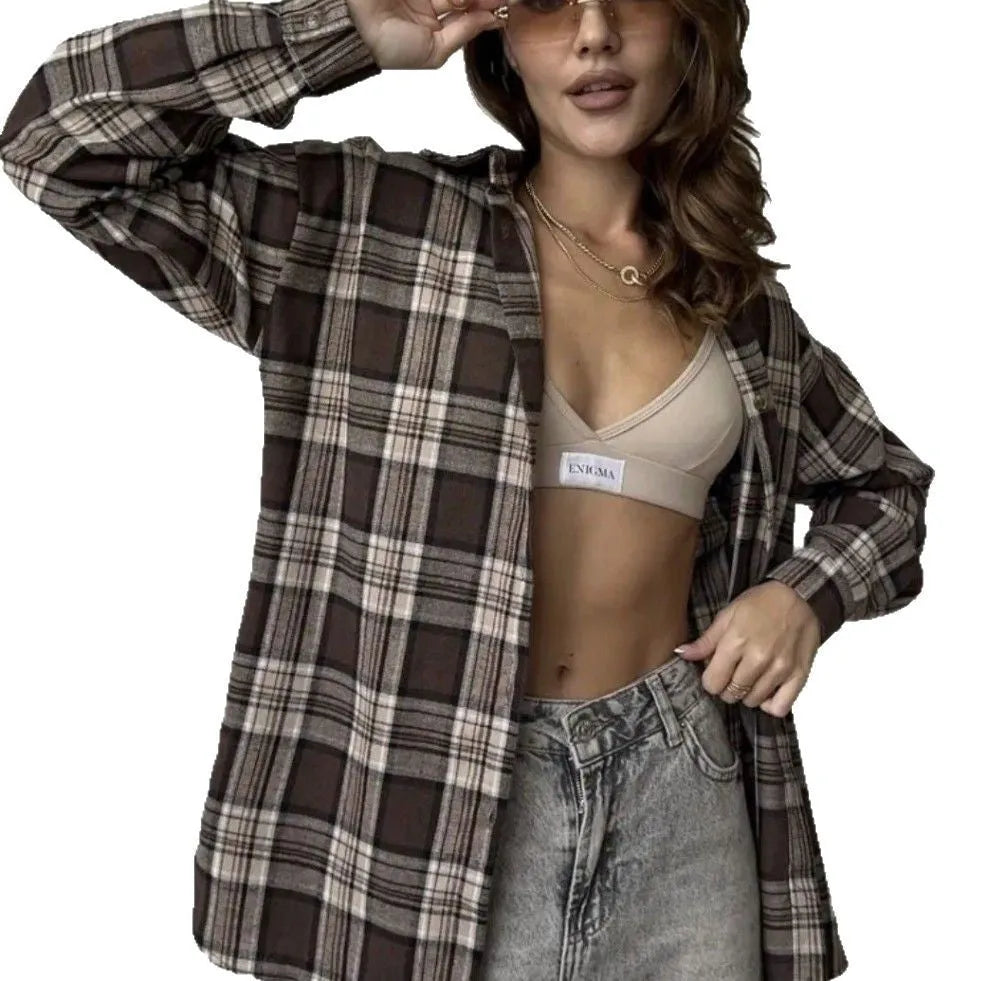 Women's dark brown striped retro style cotton shirt with long sleeves and collar