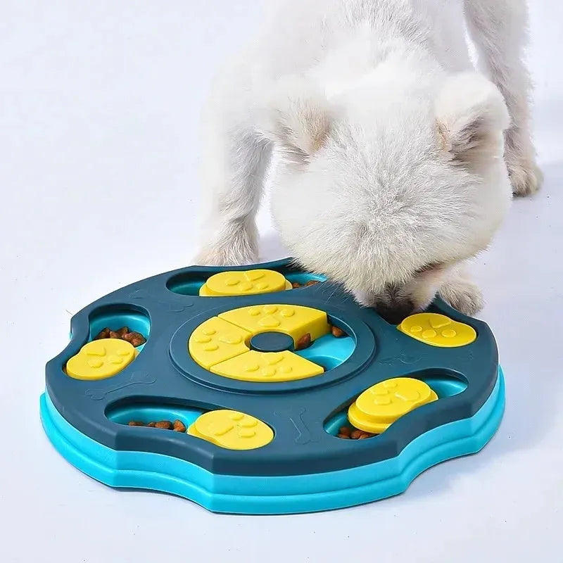 Blue and pink dog puzzle feeder bowl toy for interactive food searching and slow eating