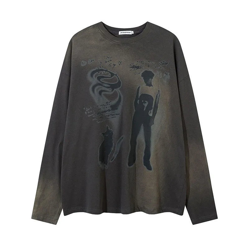 Loose dark grey cotton pullover top with letter pattern and drop-shoulder long sleeves on a hanger