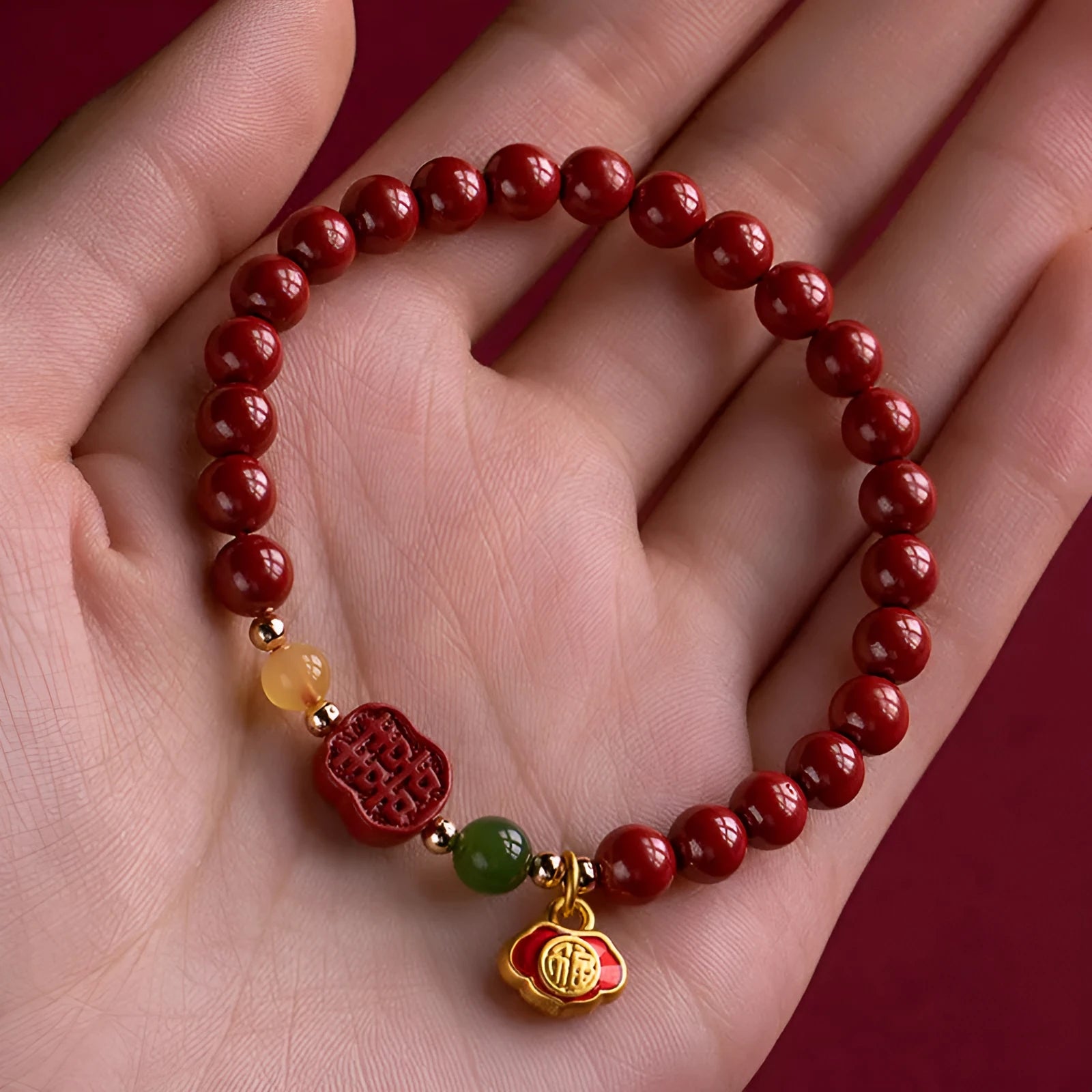 Emperor sandstone bracelet with cinnabar fu character in New Chinese style, shown in 6mm and 8mm bead sizes.
