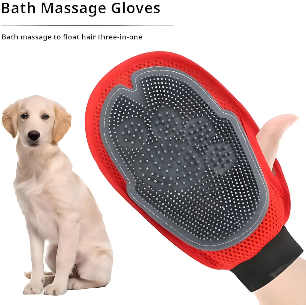 Red pet bathing glove with integrated cleaning brush surface for grooming and washing dogs or cats.