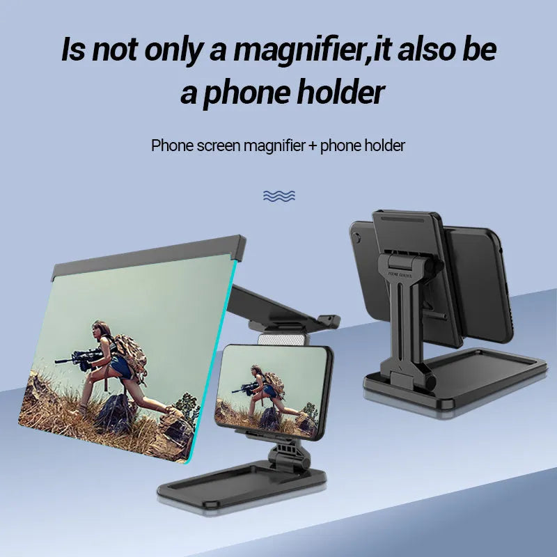 Black 12 inch mobile phone screen amplifier with detachable folding phone holder on desktop