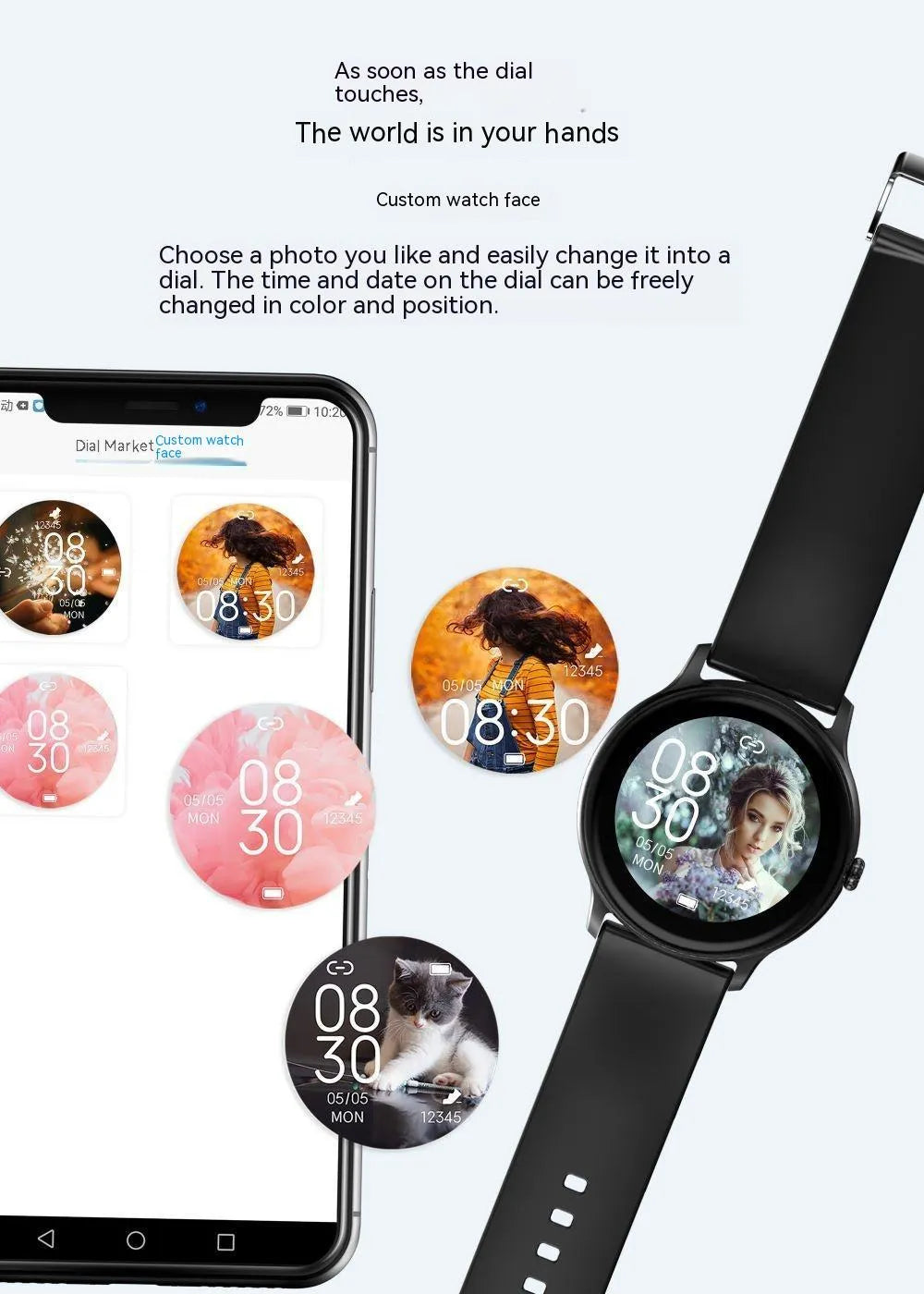 1.28-inch blood pressure health smart watch with heart rate monitor, black face, glass screen, side button
