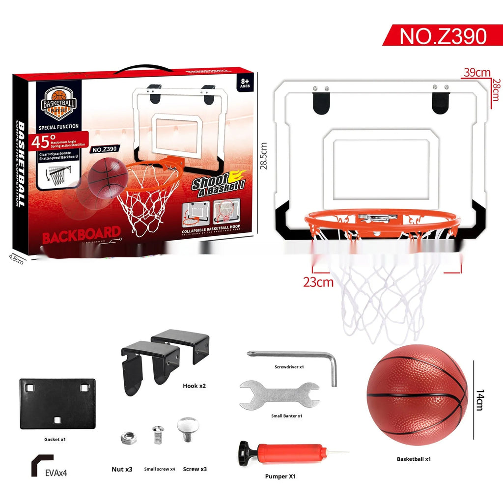 Red folding basketball frame with suction cups mounted on wall showing dual-use iron hook design