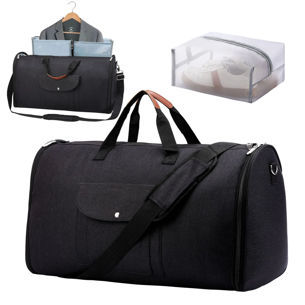 Folding luggage duffel bag in dark blue with 36-55L capacity for travel and workout use
