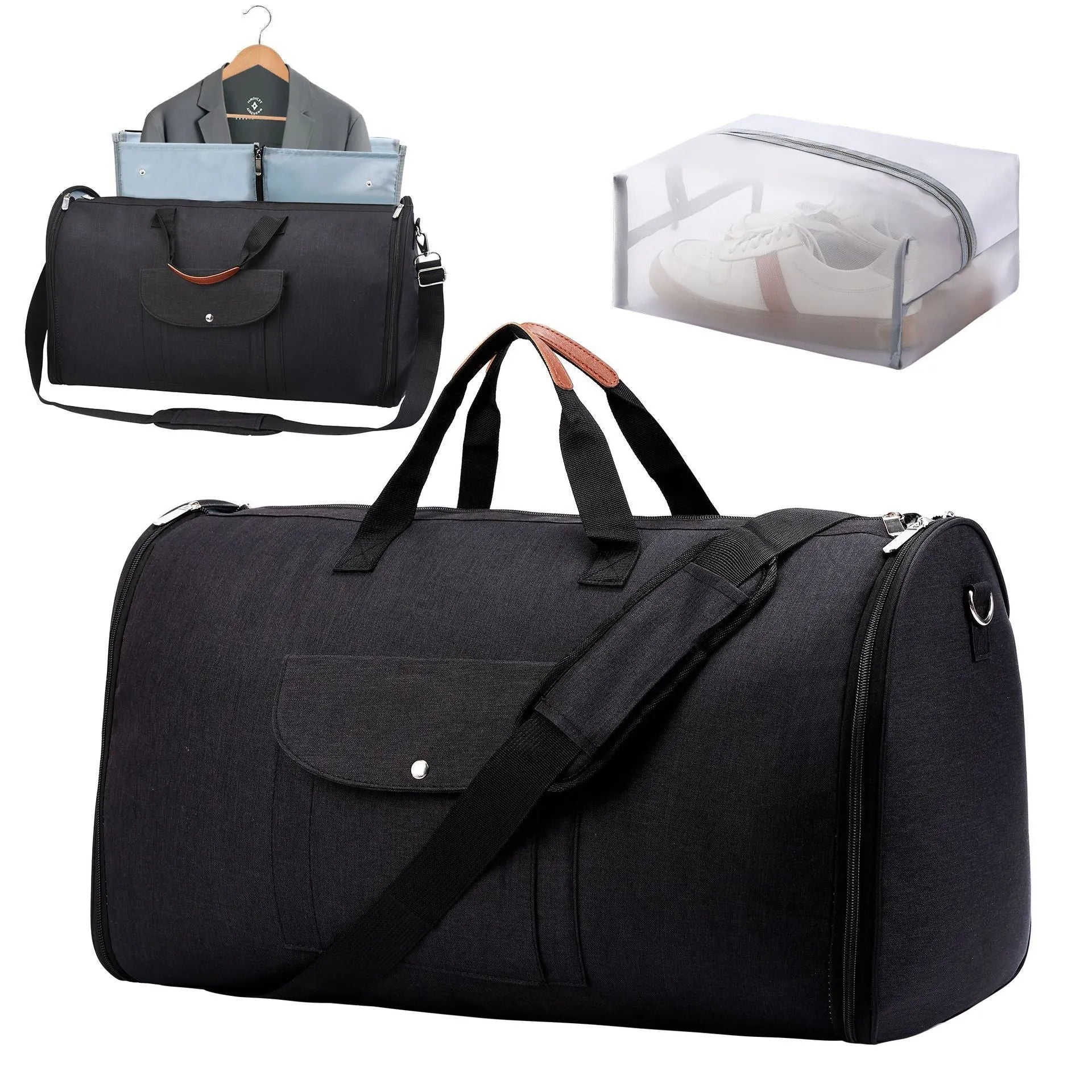 Folding luggage duffel bag in dark blue with 36-55L capacity for travel and workout use