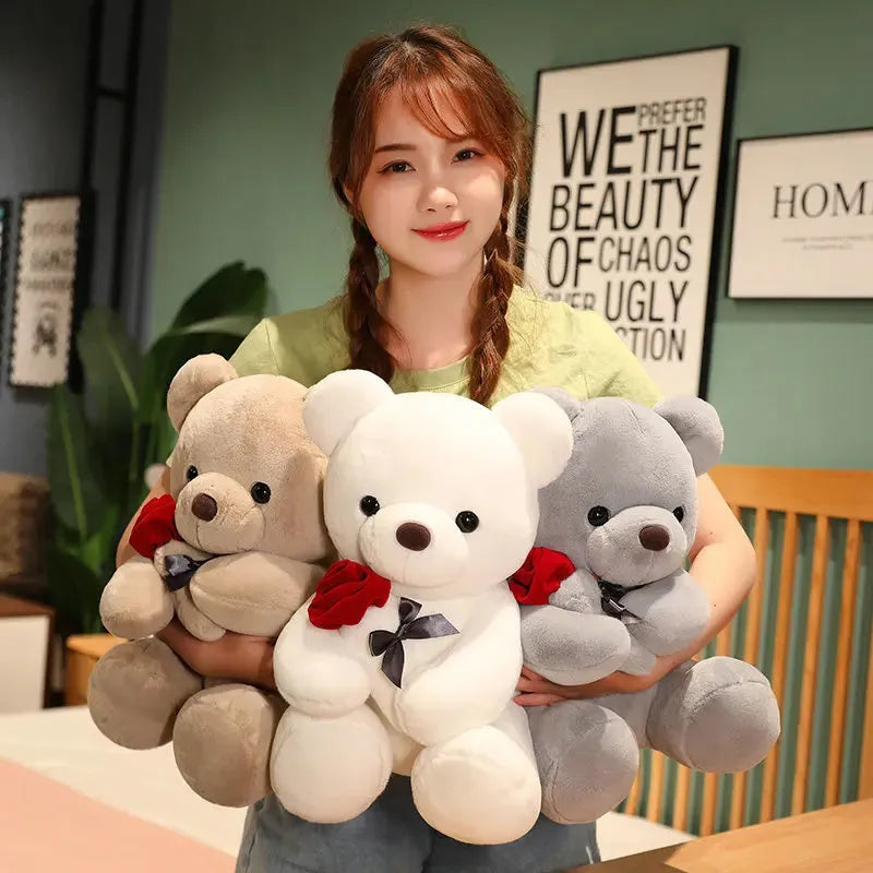 Soft plush rose bear teddy doll in beige, brown or grey colours with PP cotton stuffing