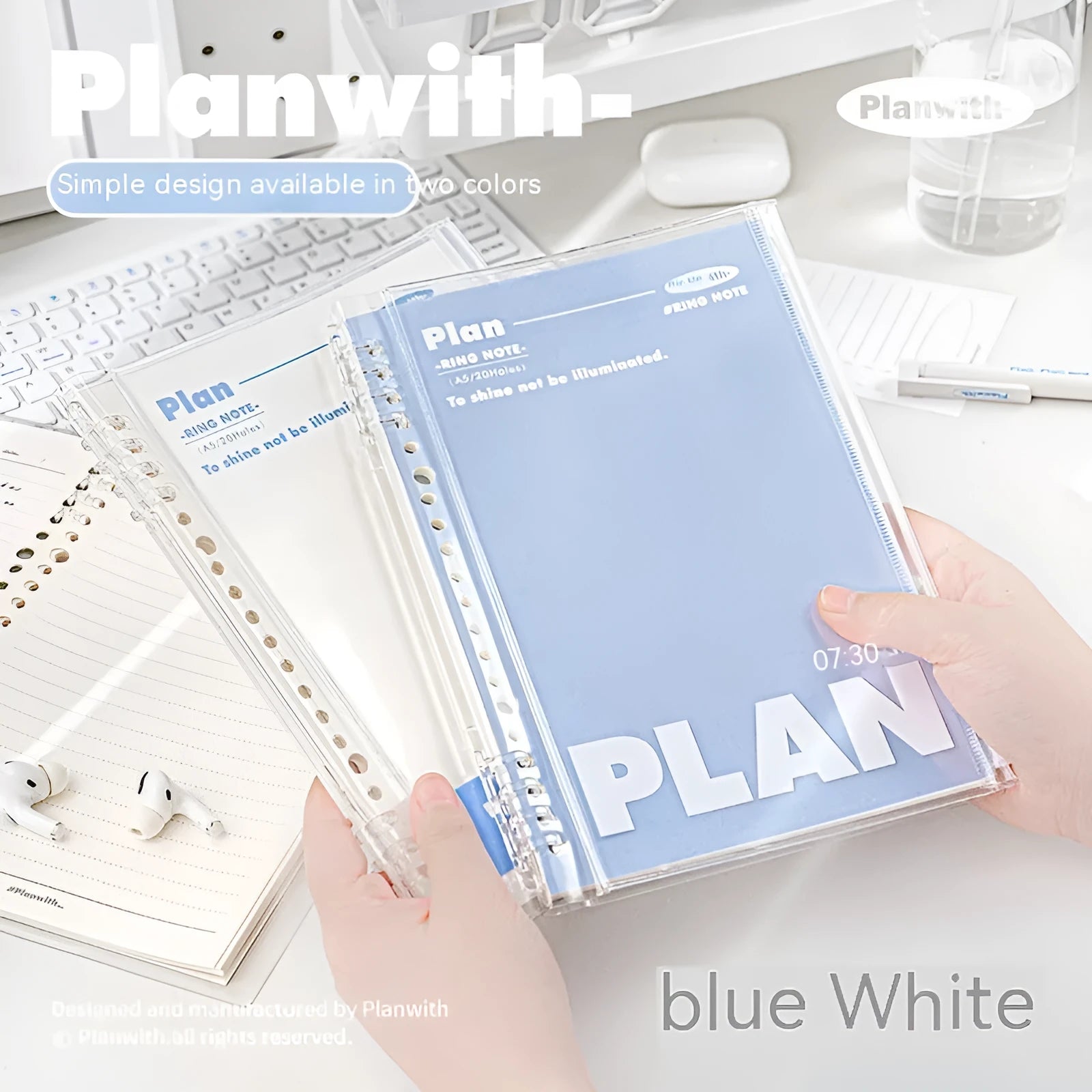 A5 PVC spiral notebook in blue or white colour with spiral binding for loose sheet storage