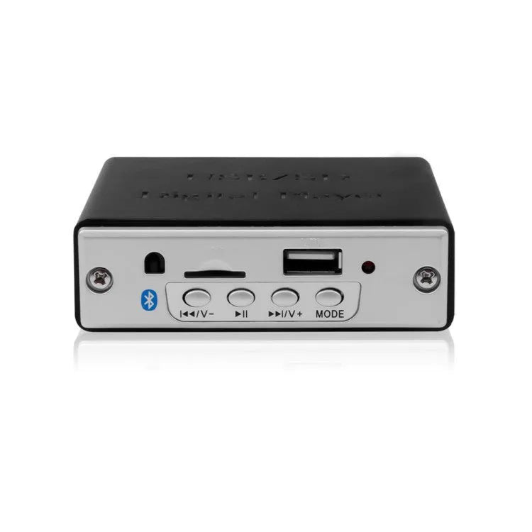 White 12V car Bluetooth MP3 decoder with TF card and USB ports, FM radio, and infrared remote control