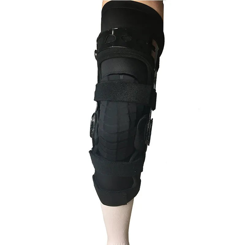 Black hinged knee brace for anterior ligament support, shown with left and right size tags.