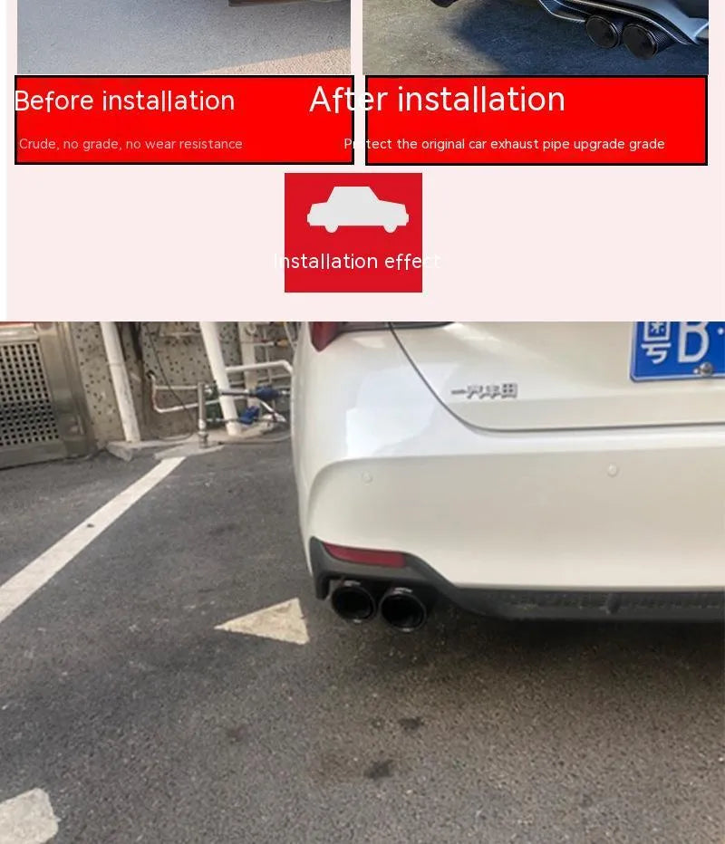 Black carbon fibre car exhaust pipe with twin tail nozzle and dual outlet.