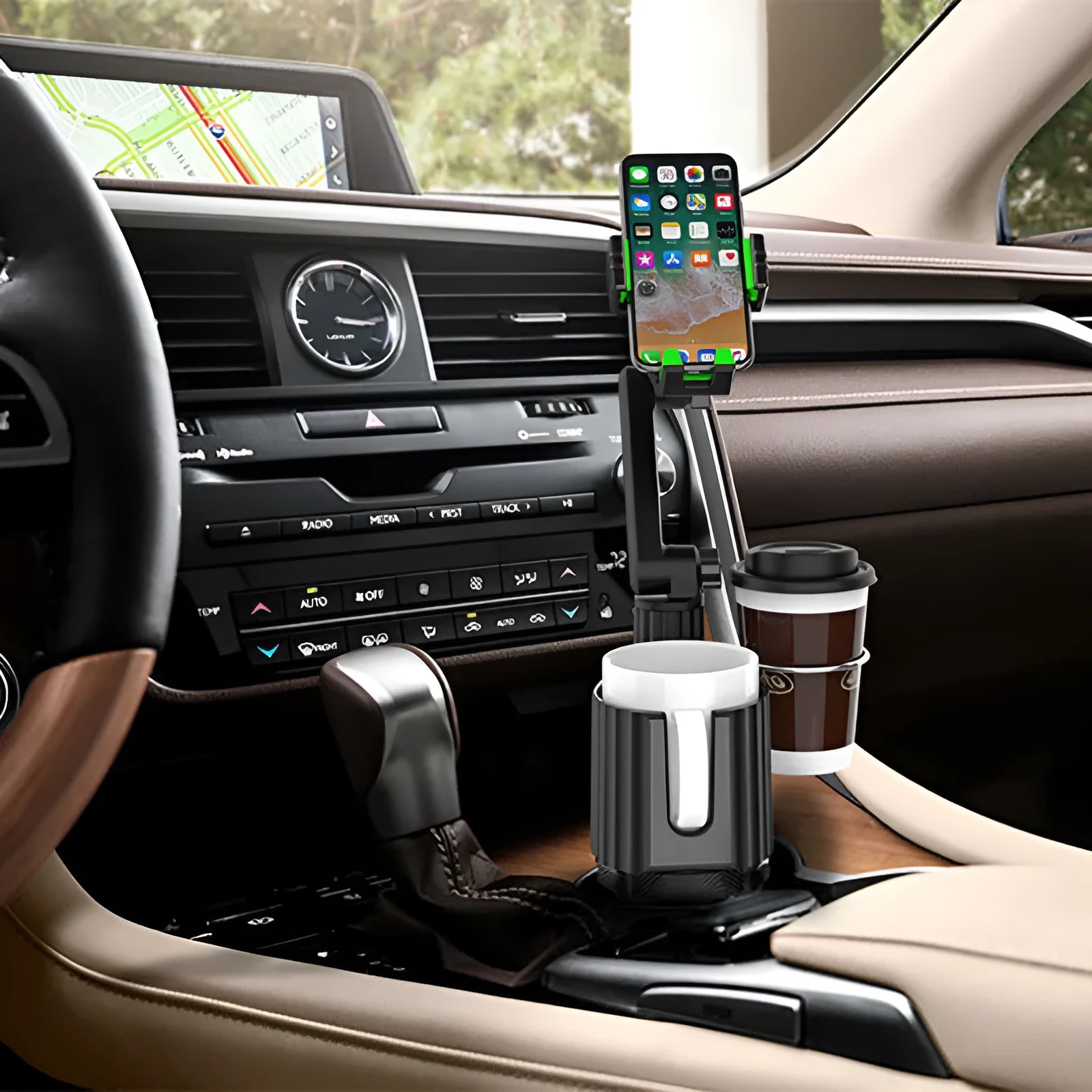 Grey and green car-mounted drink rack and mobile phone holder model A02.
