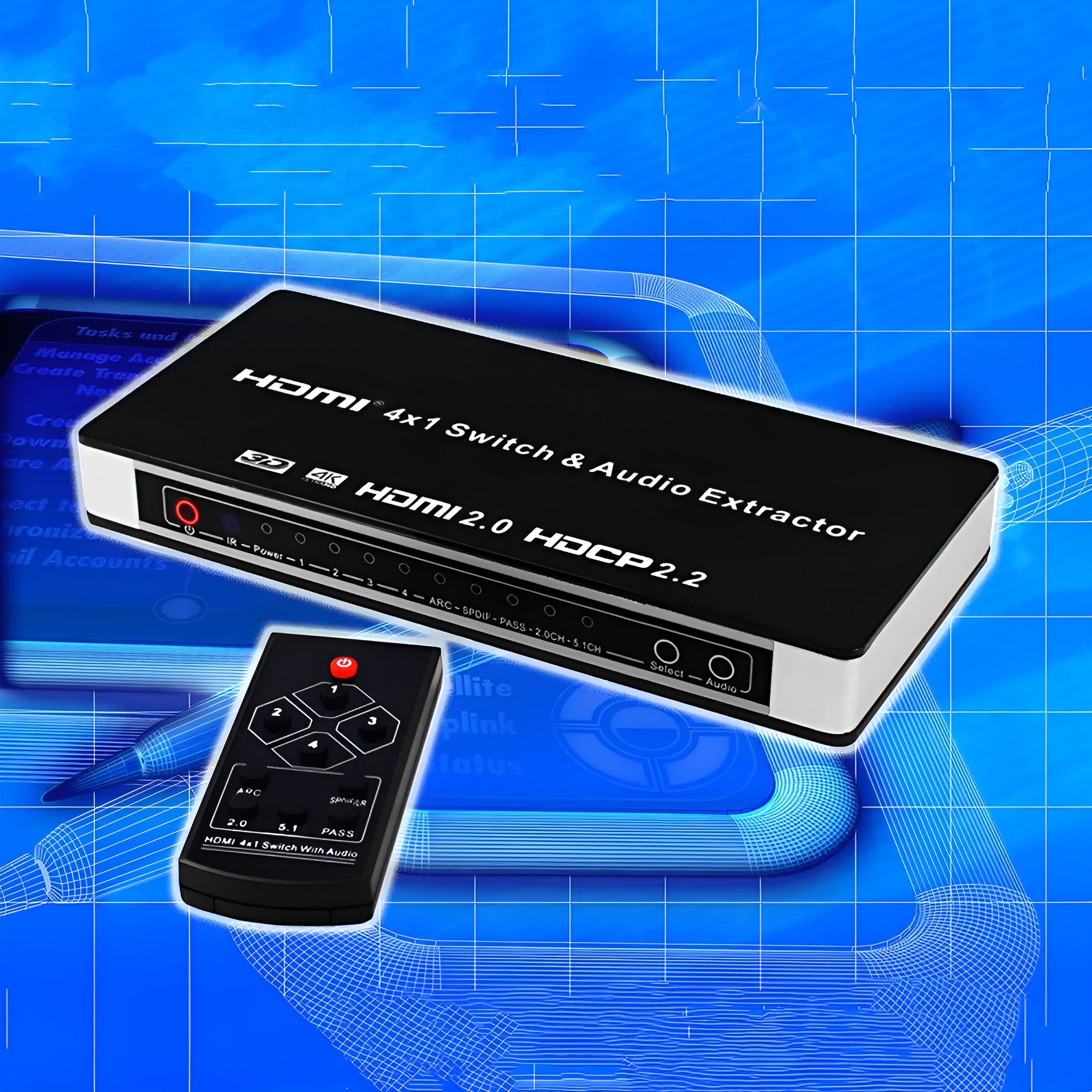 Black HDMI audio switch with remote control and 10-metre cable for 4-in-1 video switching
