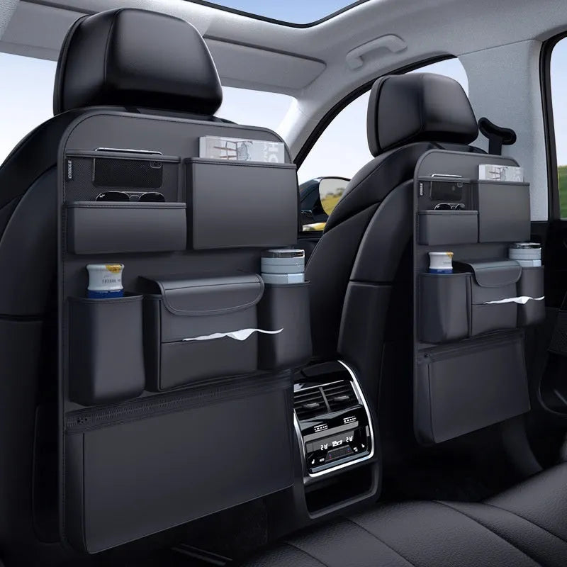 Black leather-look car seat back storage hanging bag with handle, two size options available