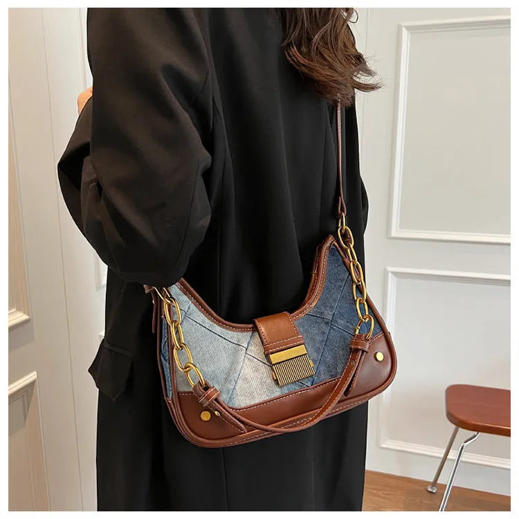 Brown denim women's shoulder bag with diamond chain design and phone compartment