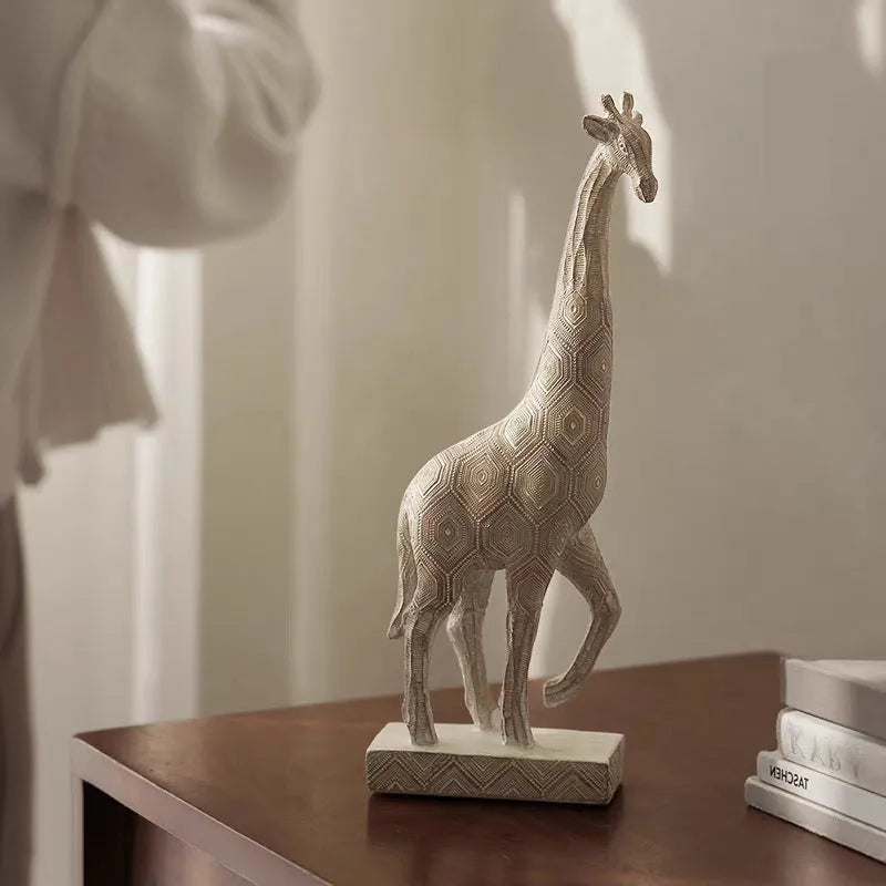 Wood colour synthetic resin giraffe ornament for shelf decoration, 30.5cm tall.