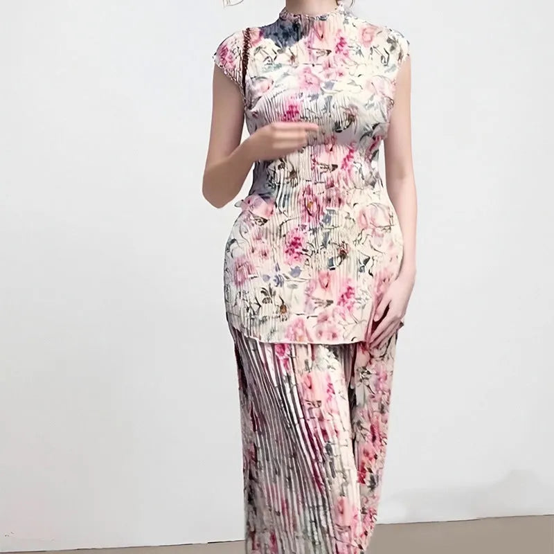 Women's floral printed chiffon dress set with high waist skirt and long sleeve matching top