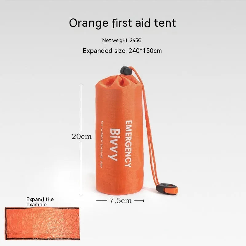 Orange disaster relief tent with sleeping bag and raincoat emergency shelter kit