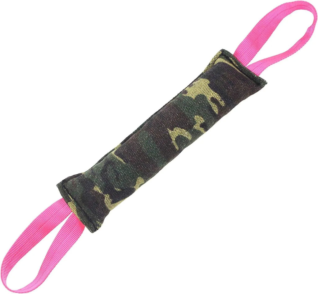 Beige jute dog tug toy with two fabric handles for interactive play