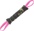 Beige jute dog tug toy with two fabric handles for interactive play