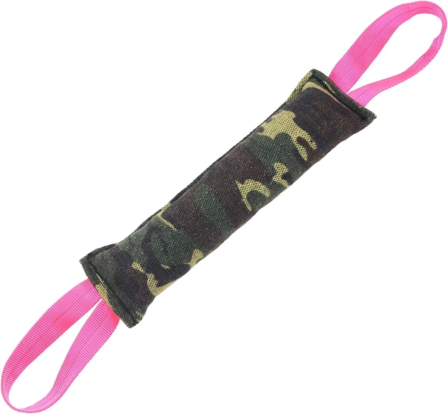 Beige jute dog tug toy with two fabric handles for interactive play