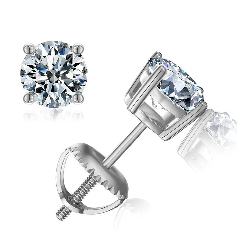 Geometric screw-back moissanite stud earrings with four-claw setting on silver, 7mm width