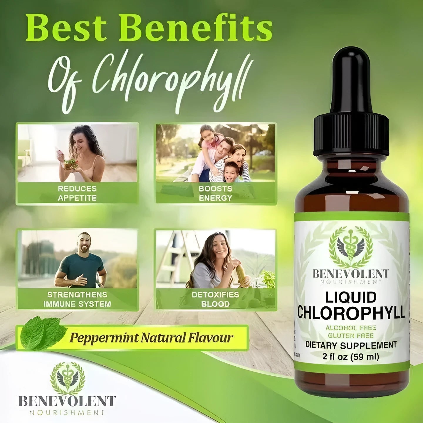 60ml bottle of natural liquid chlorophyll drops for adult intestinal care and body odour support