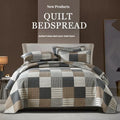 Pure cotton bedspread three-piece set with geometric pattern on bed, showing double-sided printing and bedspread-style design