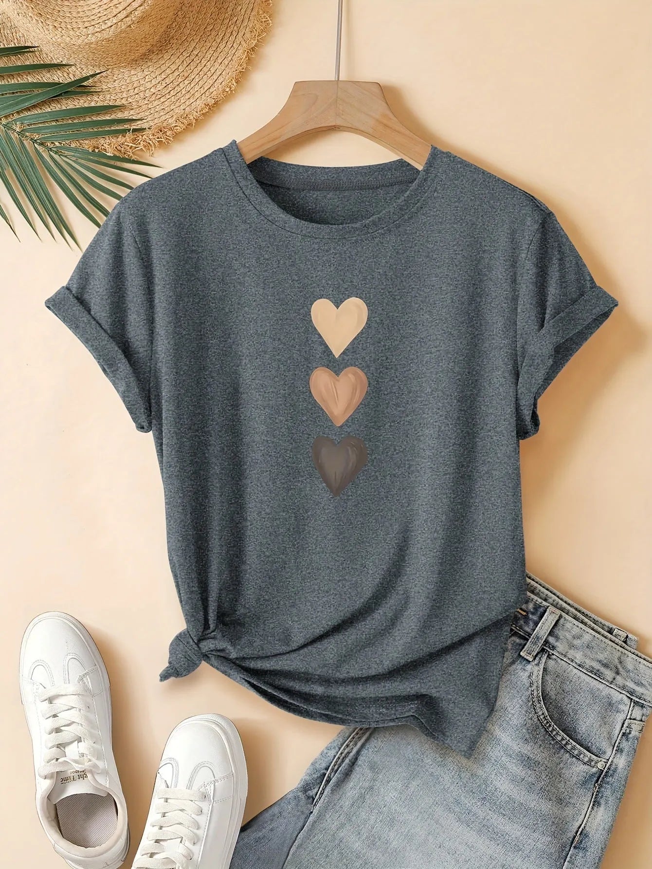 Women's pure cotton short sleeve t-shirt with Chinese art retro printing in dark grey colour