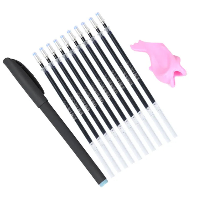 Blue automatic fading pen set with 0.5mm tip, eight refills, and plastic holder on white background