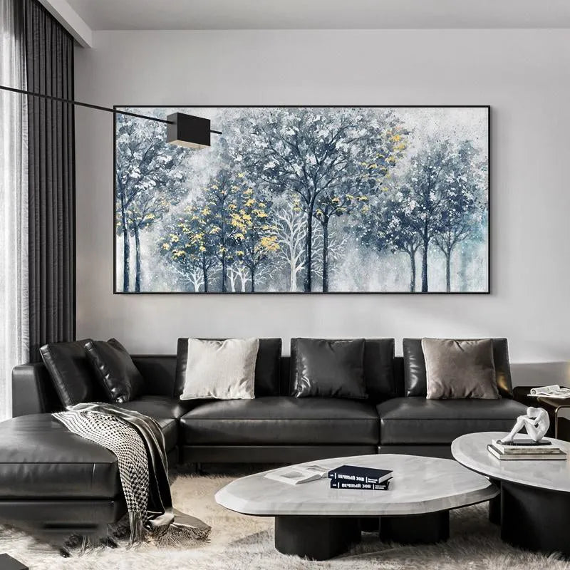 Handmade abstract silver-gray forest tree texture oil painting on canvas with blue and golden accents
