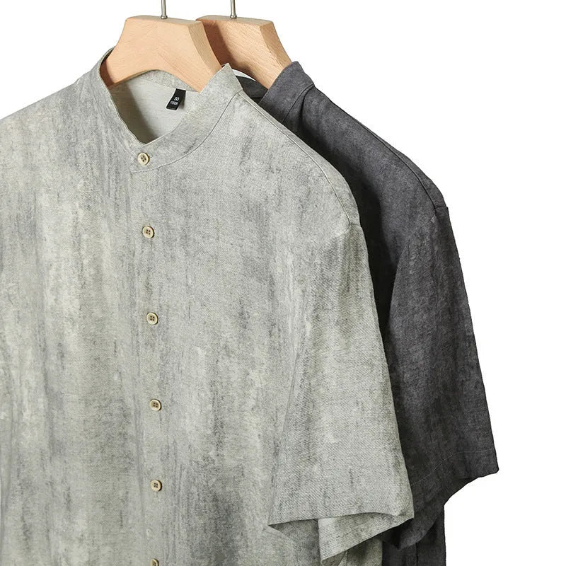 Men's grey linen blend short sleeve cardigan shirt with stand collar on a hanger