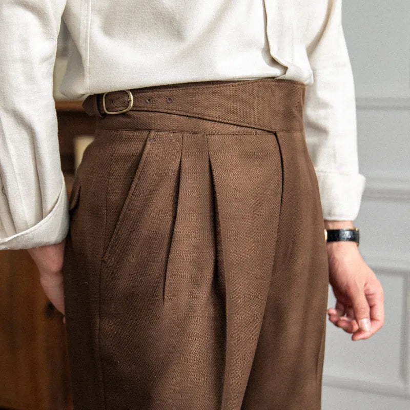 Men's black high-waist straight-leg casual trousers laid flat.