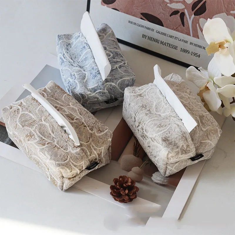 Chinese style cotton fabric tissue box with rose pattern in beige, blue or brown measuring 17x11x7cm