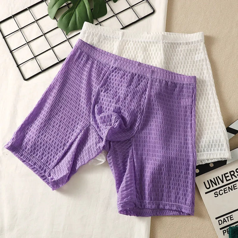 Men's lace boxer shorts in rose red colour showing shaping design