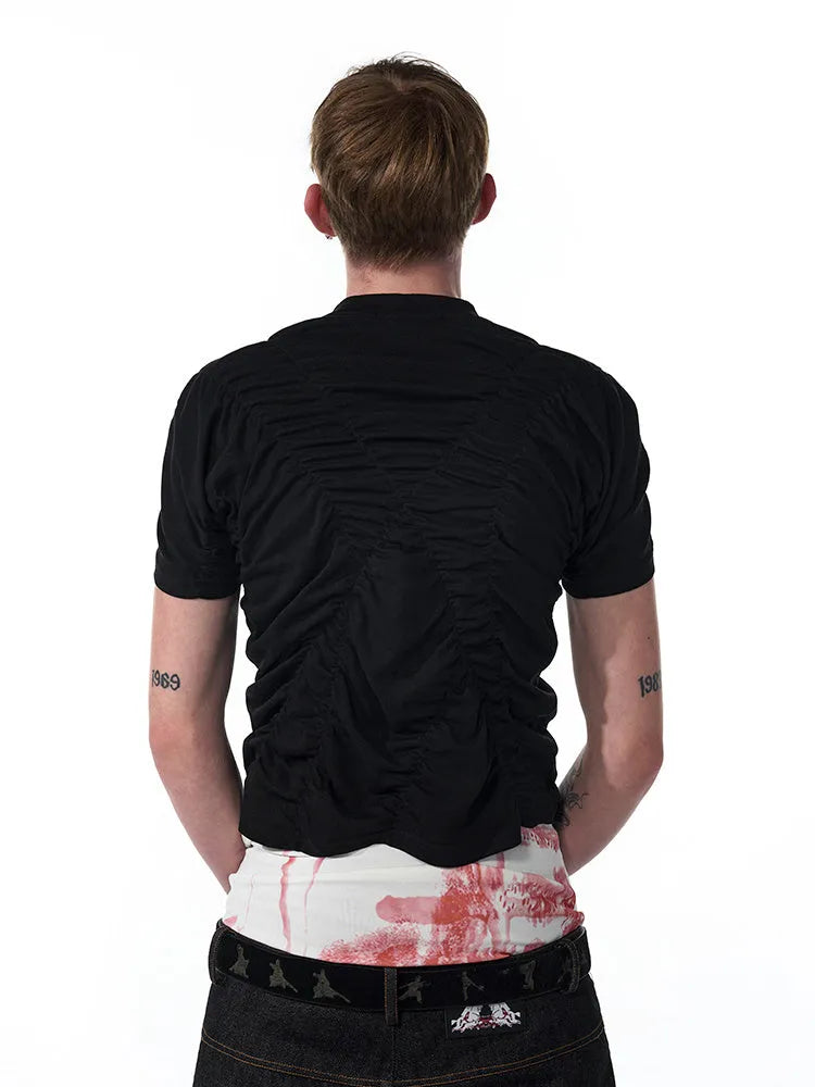 Men's black printed slim fit short sleeve round neck t-shirt with Korean style, summer casual top