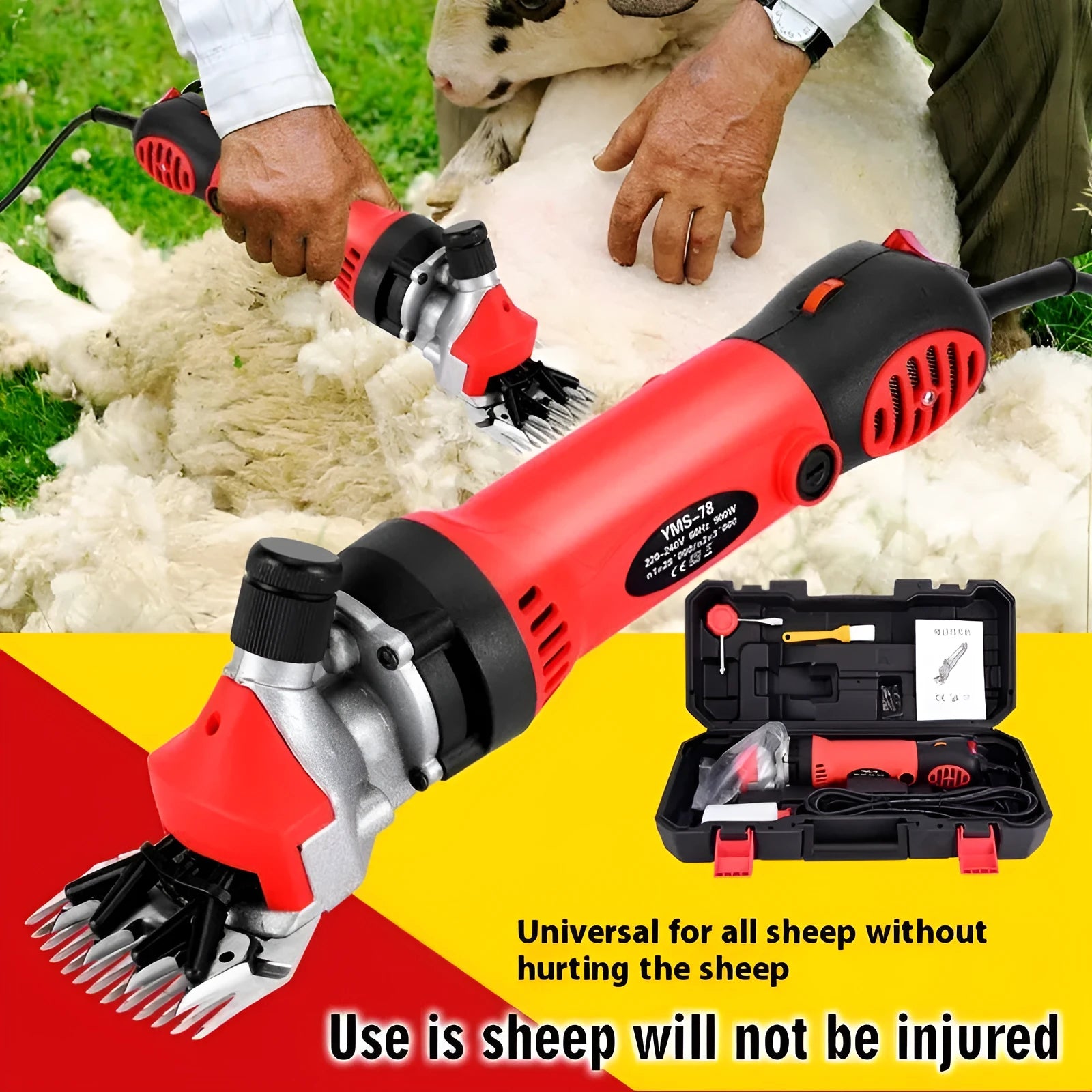 Yellow electric wool shearing machine with 13 straight teeth and complete accessory kit including multiple blade sets