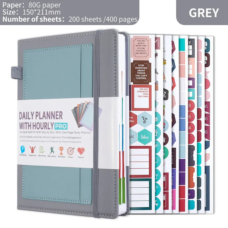 A5 notebook with PU cover, open to show no-date strap and thread binding, with planning stickers.