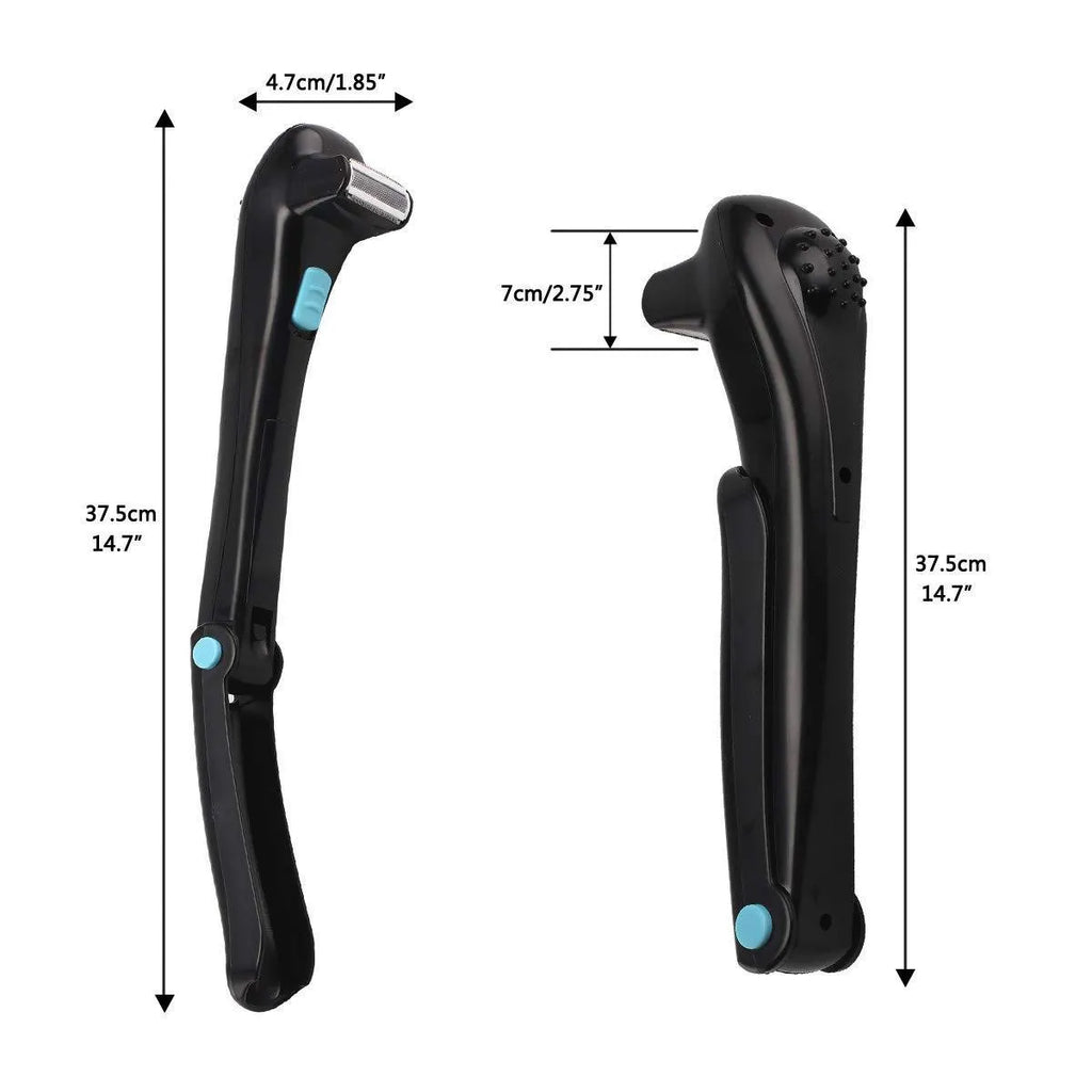Black folding electric body shaver with battery compartment for AA dry batteries