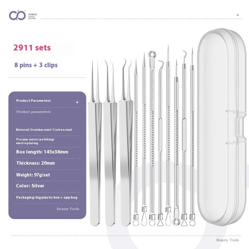 Four-piece stainless steel acne needle set with ultra-fine pointed tips and extraction clip on silver background