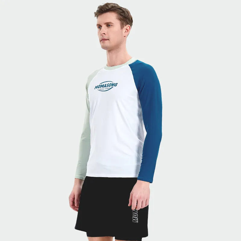 Men's long-sleeved swimsuit set with matching swimming trunks for beach sports